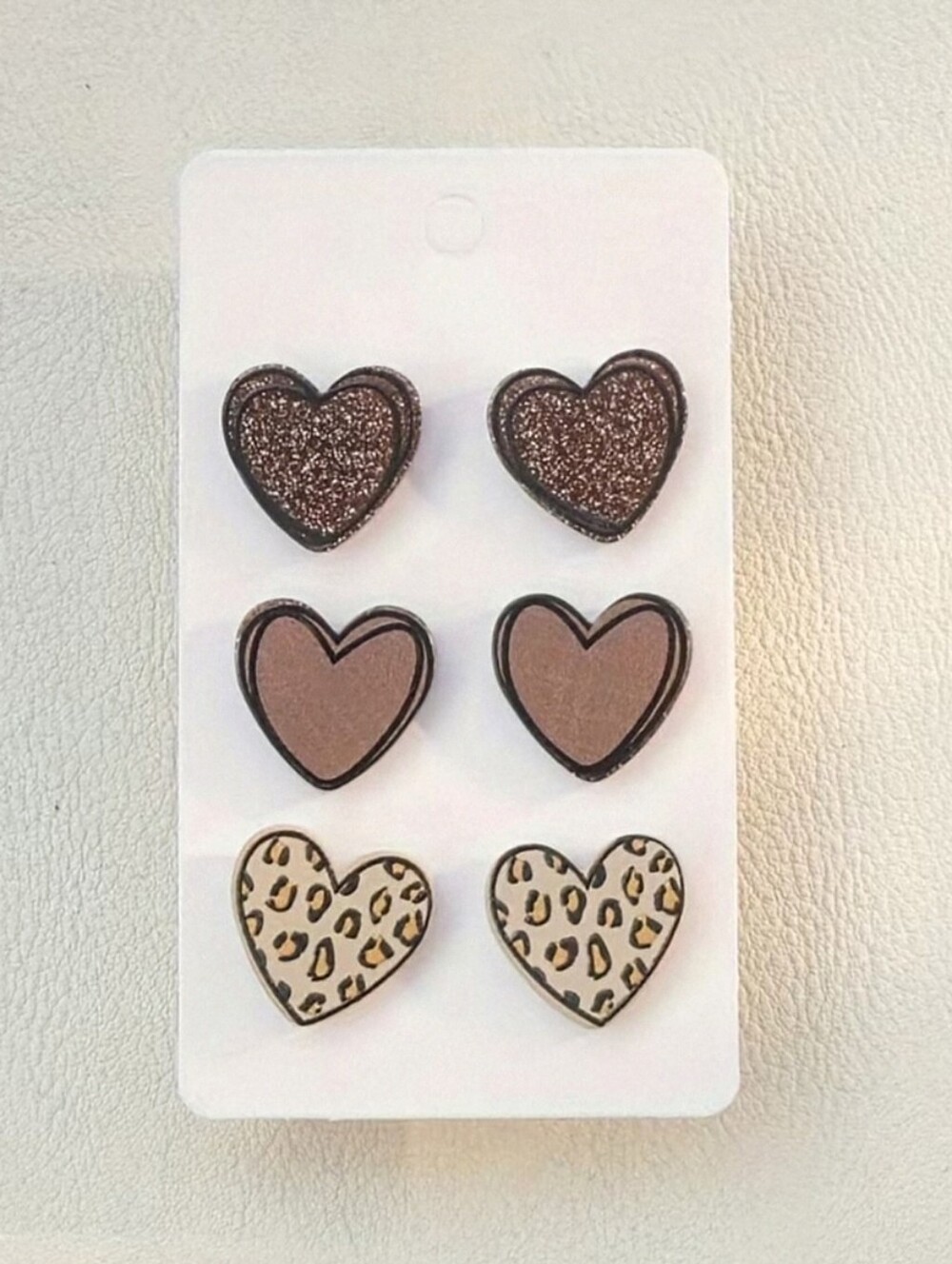 NWT*(3pc)Heart Stud Earrings.Brown, Glitter/Druzy look Leopard/Animal Print*NEW